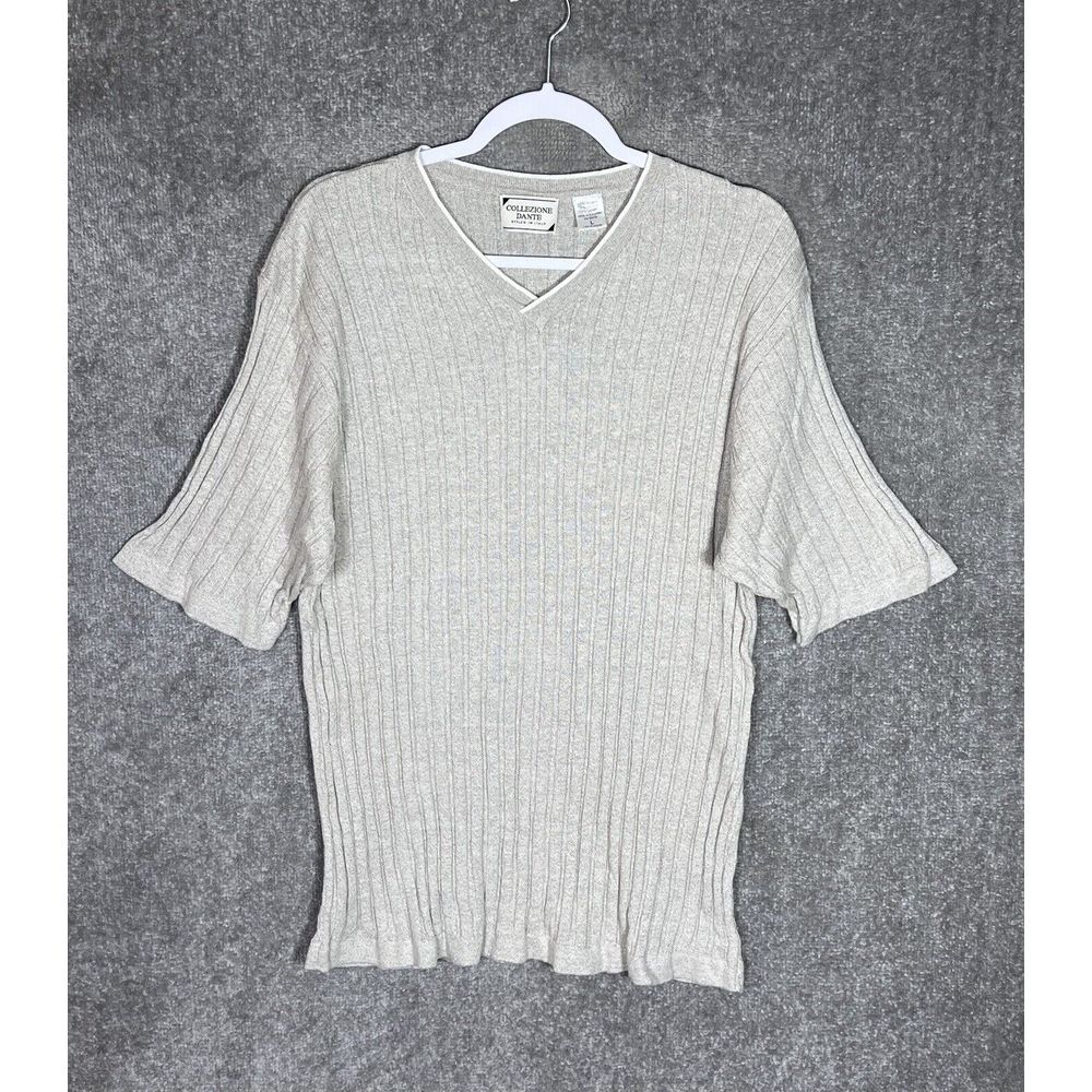 Collezione Dante Sweater Mens Size Large‎ Beige Ribbed Knit Short Sleeve V-Neck